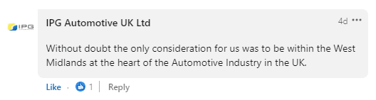 IPG Automotive UK Ltd - Without doubt the only consideration for us was to be within the West Midlands at the heart of the Automotive Industry in the UK.