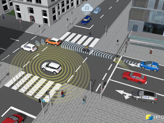 Cars using sensors to detect their location from road obstacles and read traffic lights.