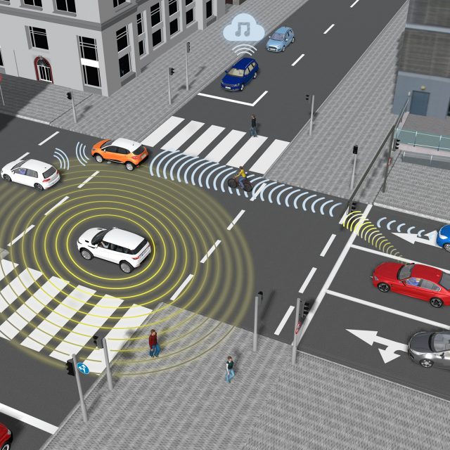 Cars using sensors to detect their location from road obstacles and read traffic lights.