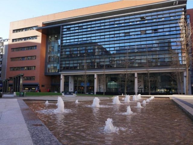 Fountains with walk way through them at Central Square, Brindleyplace, Birmingham.