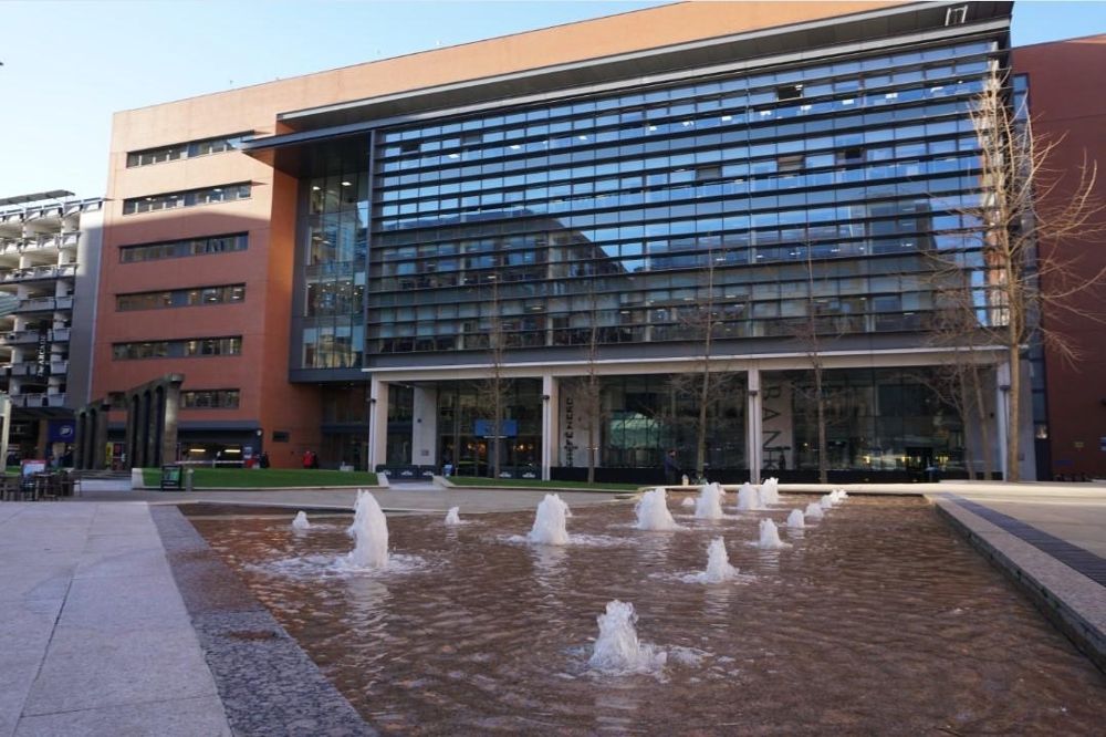 Fountains with walk way through them at Central Square, Brindleyplace, Birmingham.