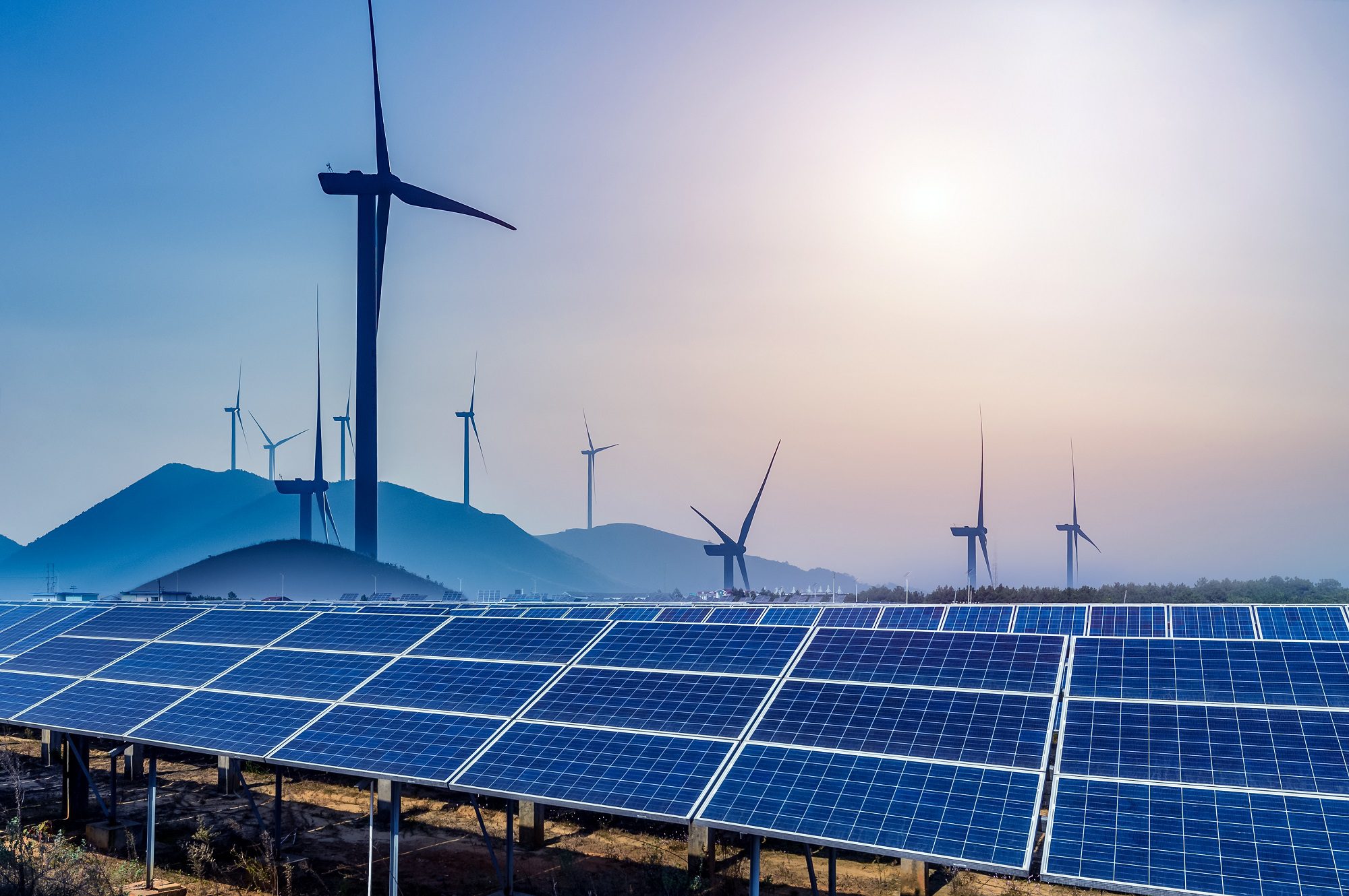 Solar panels and wind turbines.