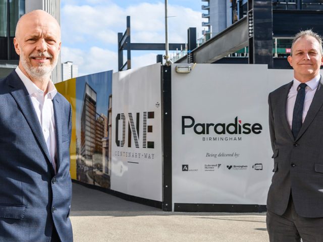 Rob Groves, MEPC and Mark Jones, Arup in front of One Centenary Way, Paradise Birmingham.