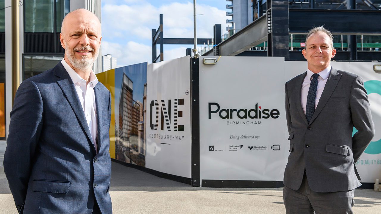 Rob Groves, MEPC and Mark Jones, Arup in front of One Centenary Way, Paradise Birmingham.
