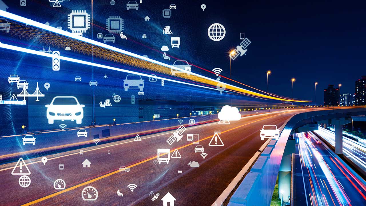 Technology featured icons zooming down a high way.