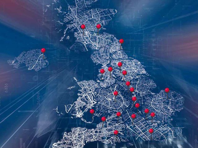Map of the UK with push pins at various locations.