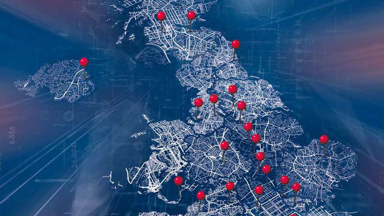 Map of the UK with push pins at various locations.