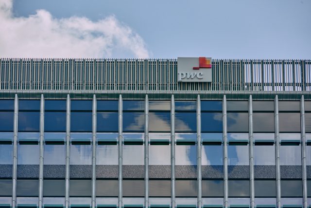 PricewaterhouseCoopers (PwC) logo on top of One Chamberlain Square, Paradise Birmingham.