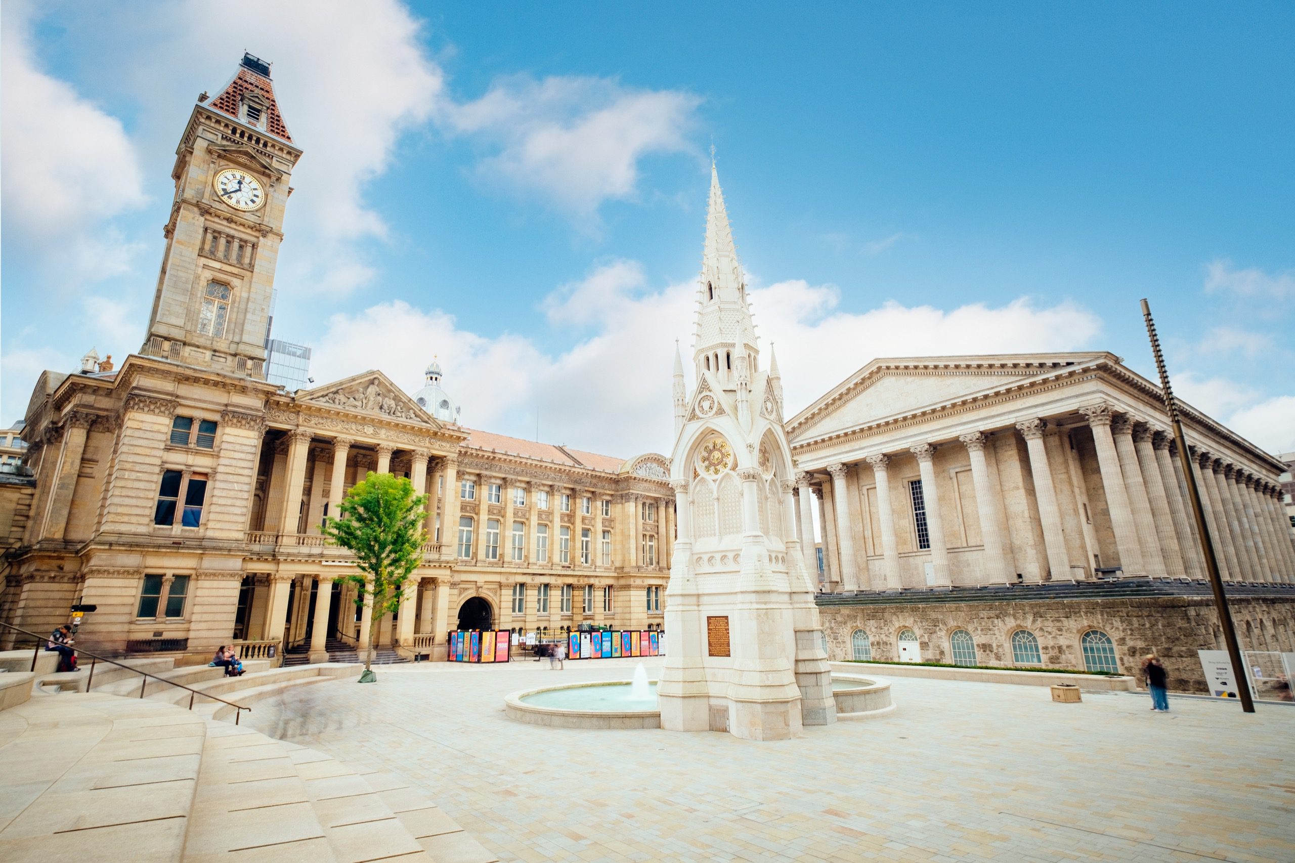 Fountain and church like spire in Chamberlain Square, Paradise Birmingham.