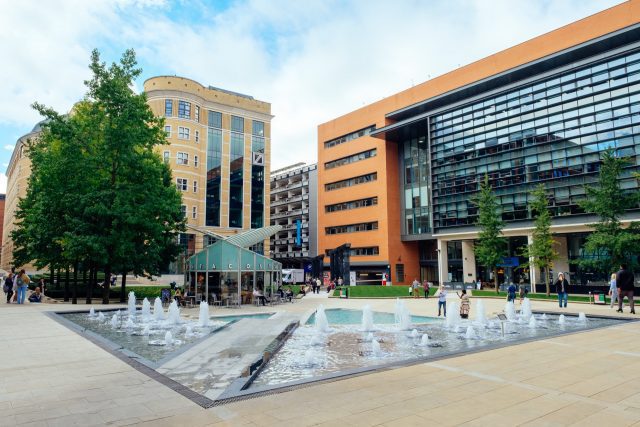 Central Square path through a fountain at Brindleyplace Birmingham.