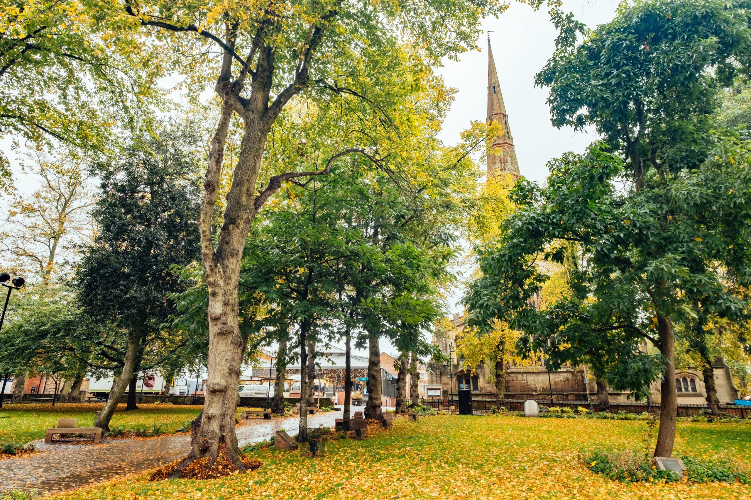 Park area next to a church.