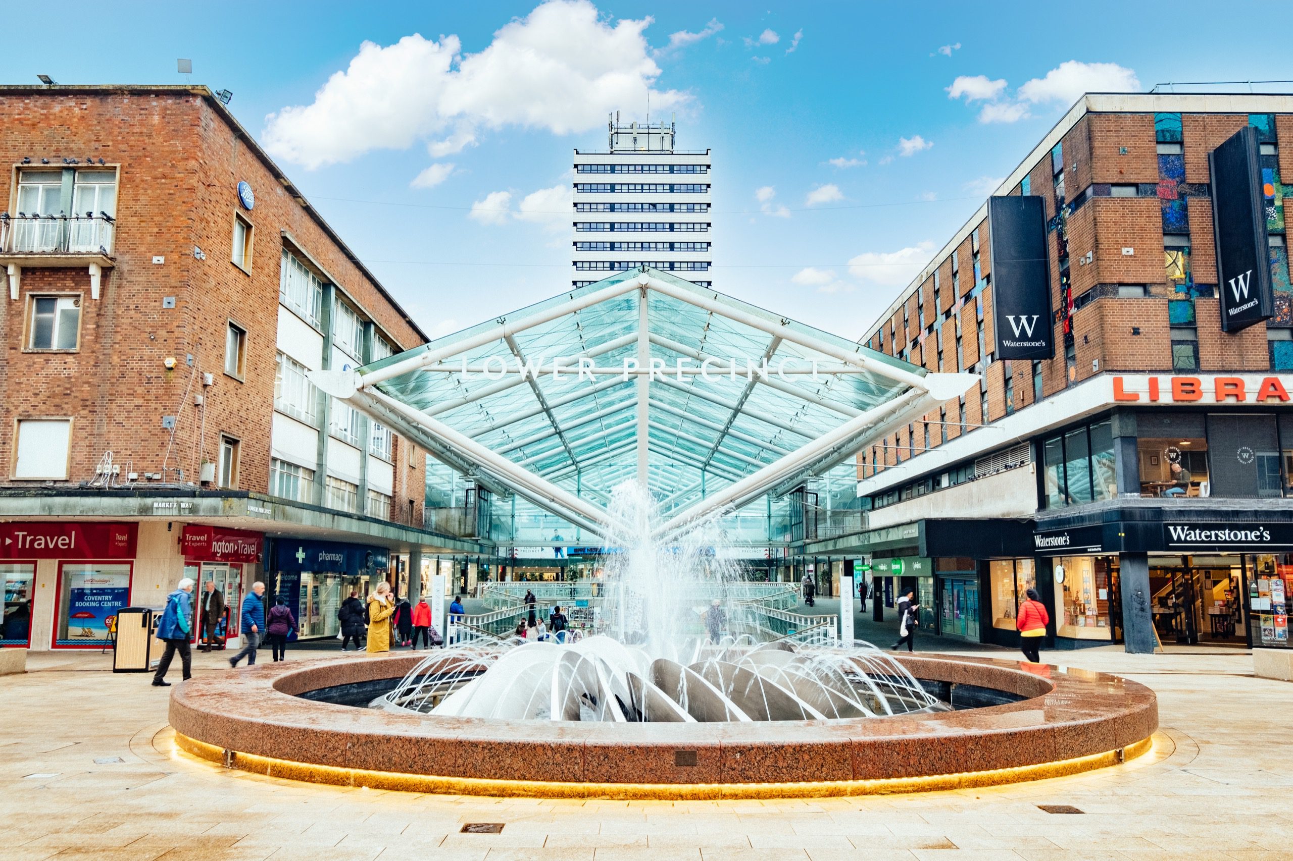 Fountain outside a shopping centre named Lower Precinct.