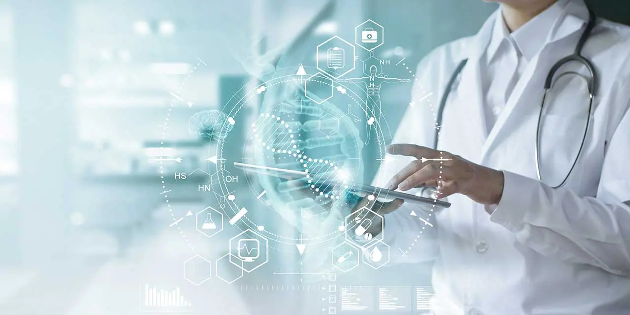 Person with a stethoscope draped over their neck. Digital representations of health related services are shown hovering around a tablet computer they hold.