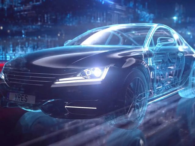 A car with the outer frame futuristically see through and neon blue. The inner parts of the car are visible through it. CGI.