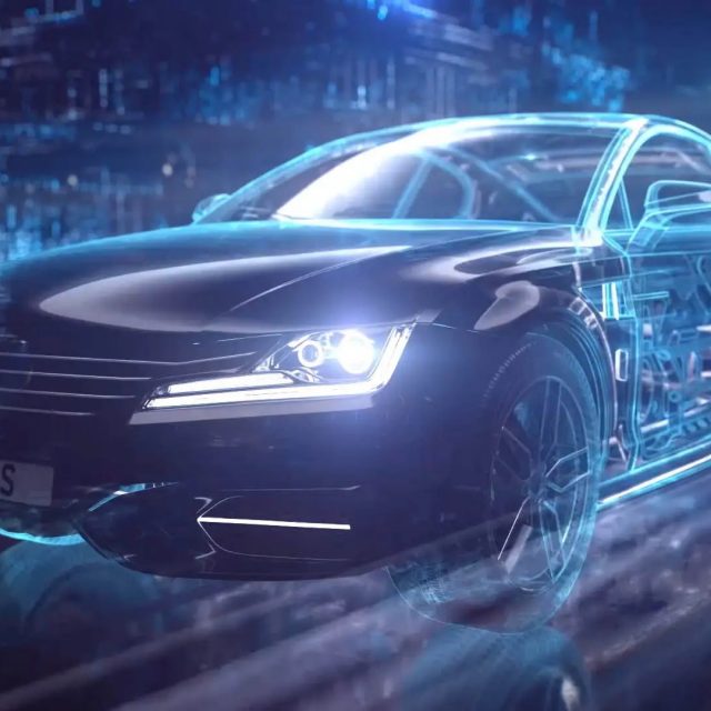 A car with the outer frame futuristically see through and neon blue. The inner parts of the car are visible through it. CGI.