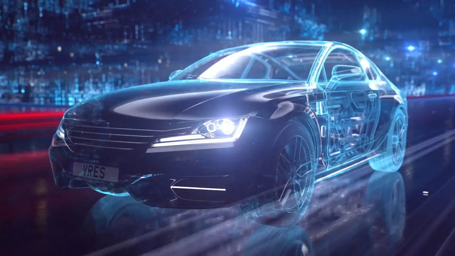 A car with the outer frame futuristically see through and neon blue. The inner parts of the car are visible through it. CGI.