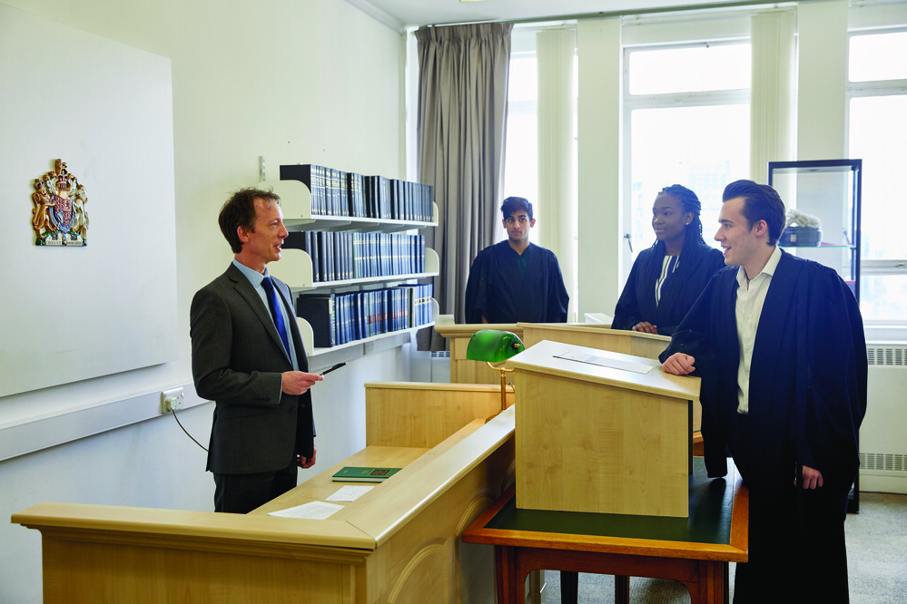 A mock court setting in a law school.