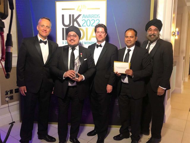 Shyam Nabar, Dan Storer, Ninder Johal, Jason Wouhra and Trevor Ivory collect the Business Promotion Organisation of the Year Award for the West Midlands India Partnership