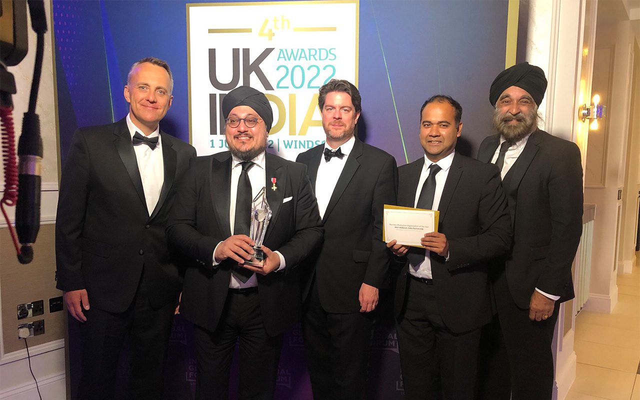 Shyam Nabar, Dan Storer, Ninder Johal, Jason Wouhra and Trevor Ivory collect the Business Promotion Organisation of the Year Award for the West Midlands India Partnership