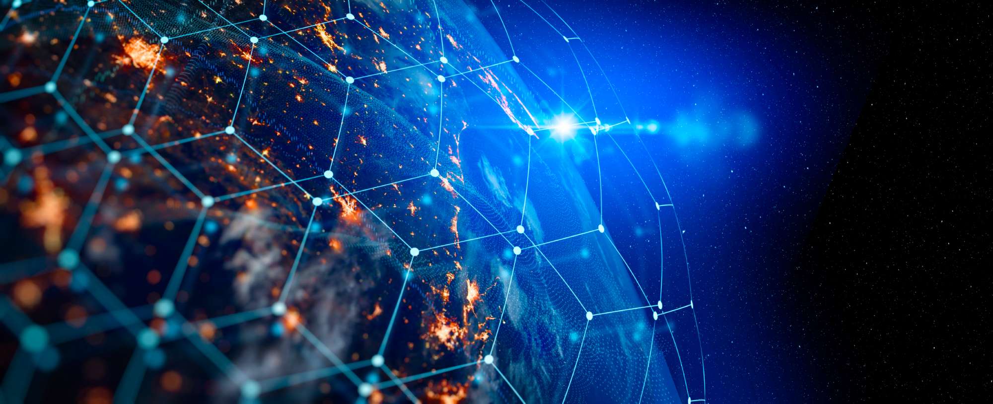 A depiction of the globe criss-crossed by a network of interconnected nodes.