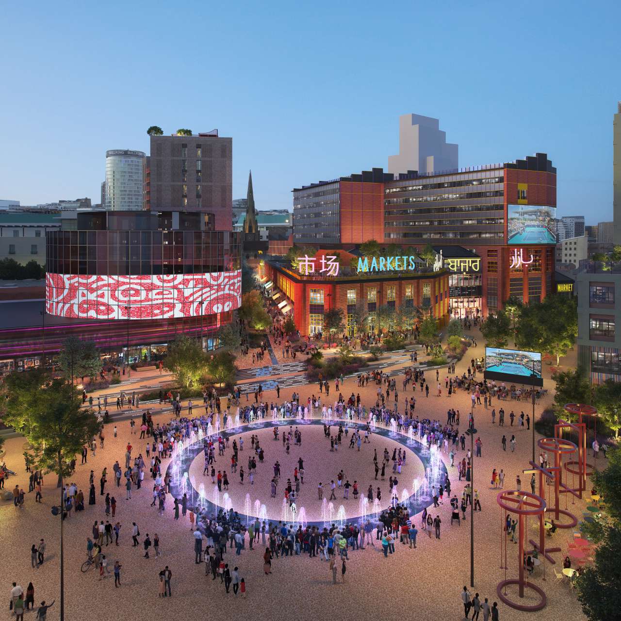 A computer-generated vision of the Smithfield project, seen from above. It shows a modern square in the evening filled with people and greenery, and signs on the buildings reading "market". St Martin's Church is visible in the distance.