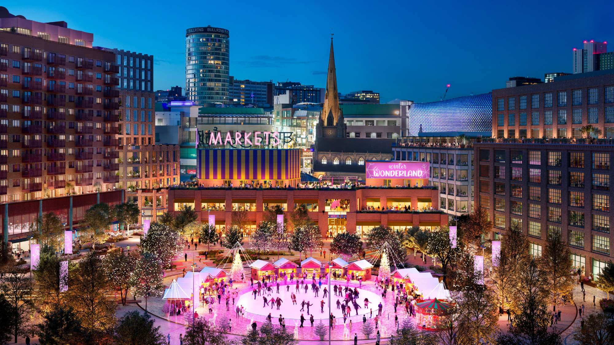 A computer generated vision of Mannor Square, part of the Smithfield development. It shows a square full of people and trees with an ice skating rink at Christmas. In the background are iconic Birmingham landmarks including St Martin's Church, The Bullring, and the