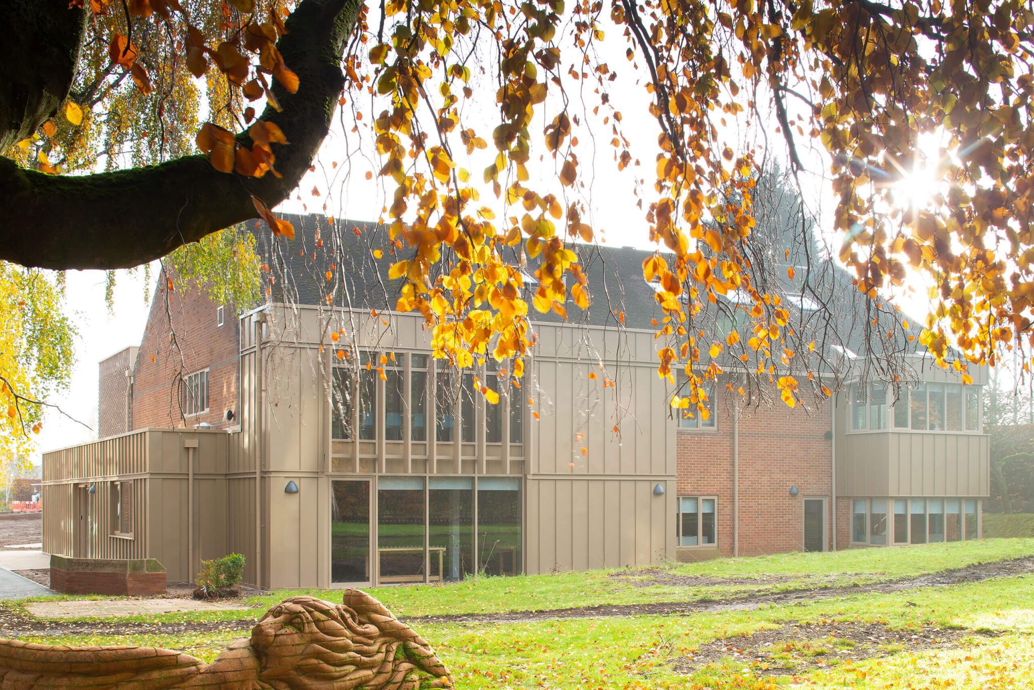 King Edwards Art Block, seen framed by a tree in the morning sunlight