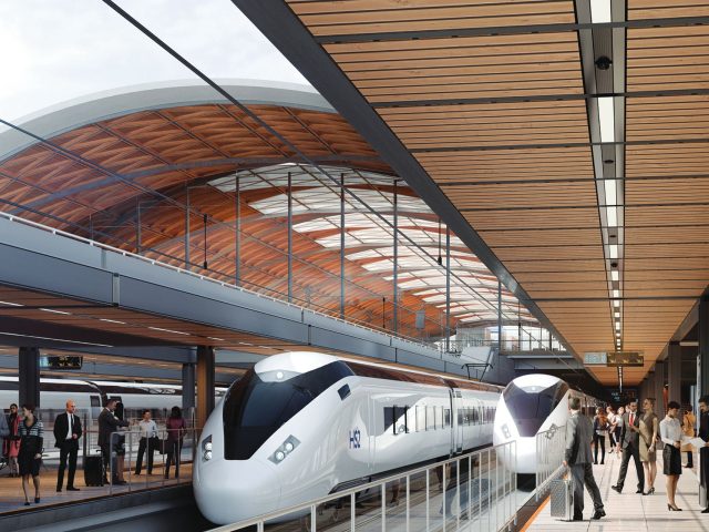 A visual of the HS2 train pulling up to the platform at Curzon Street station