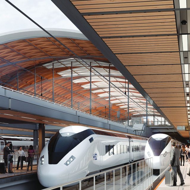 A visual of the HS2 train pulling up to the platform at Curzon Street station
