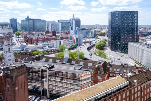 The view of Birmingham from the exterior of Aston University.